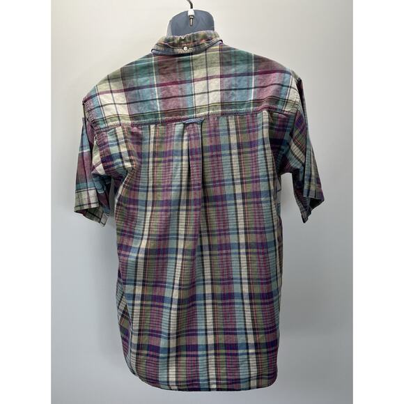 VTG Salty Dog Gant Mens Madras Short Sleeve Button Up Purple Green Plaid Size M - Picture 4 of 6